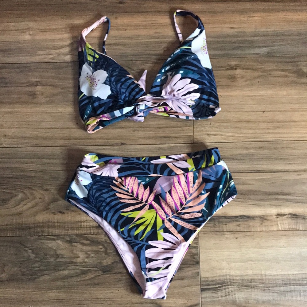 Raisins floral blue pink yellow green black high waisted bikini set